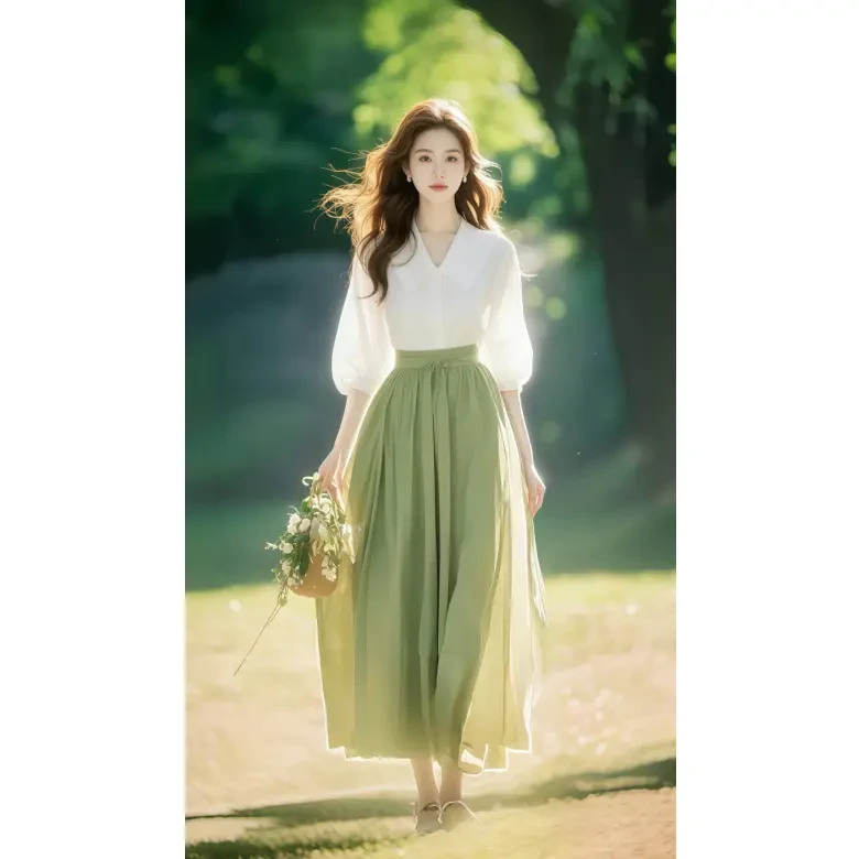 春夏森系穿搭一整套轻奢高级感气质女神范减龄独特绿色衬衫套装裙