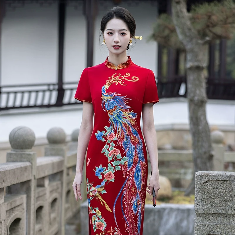 高端醋酸国风中式旗袍夏季新款女喜婆婆走秀凤凰牡丹刺绣高端婚宴