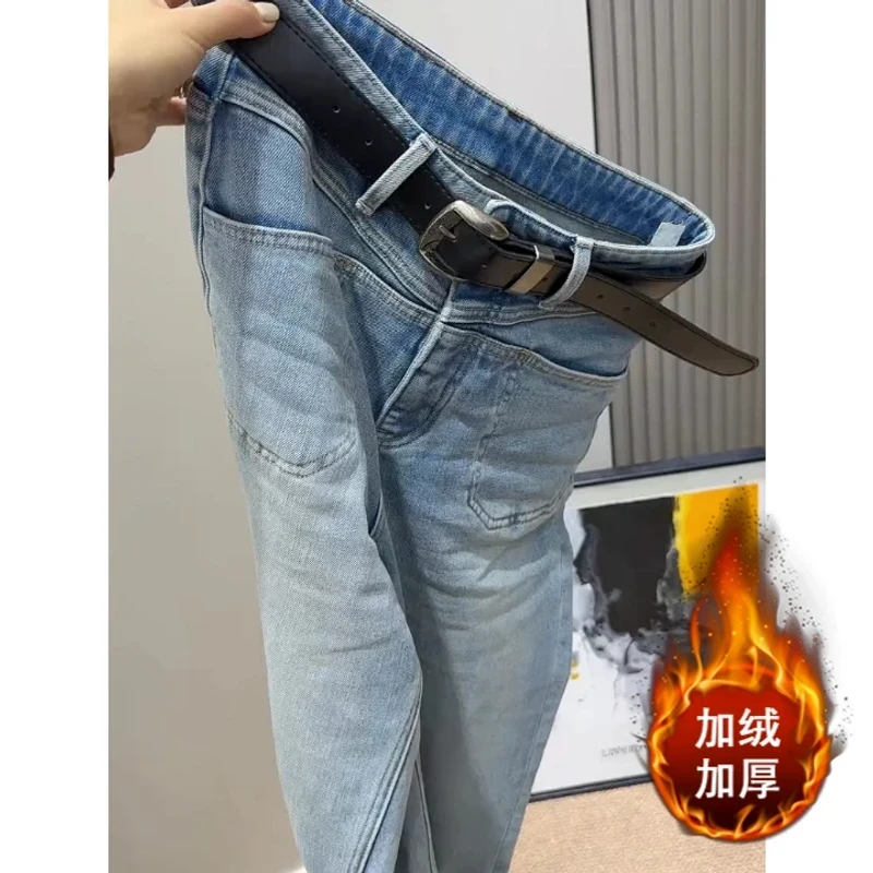 设计感加绒加厚牛仔裤女2025年冬季新款窄版直筒裤高腰显瘦长裤子