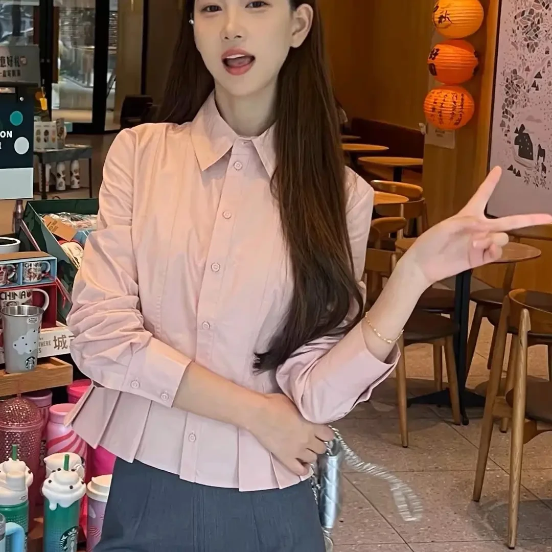 商场同款2026春秋新款时尚褶皱翻领显瘦高质感修身纯棉长袖衬衫女