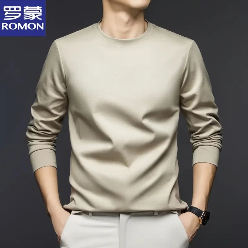 罗蒙圆领长袖T恤男士中青年经典百搭高级感纯色简约打底衫上衣潮