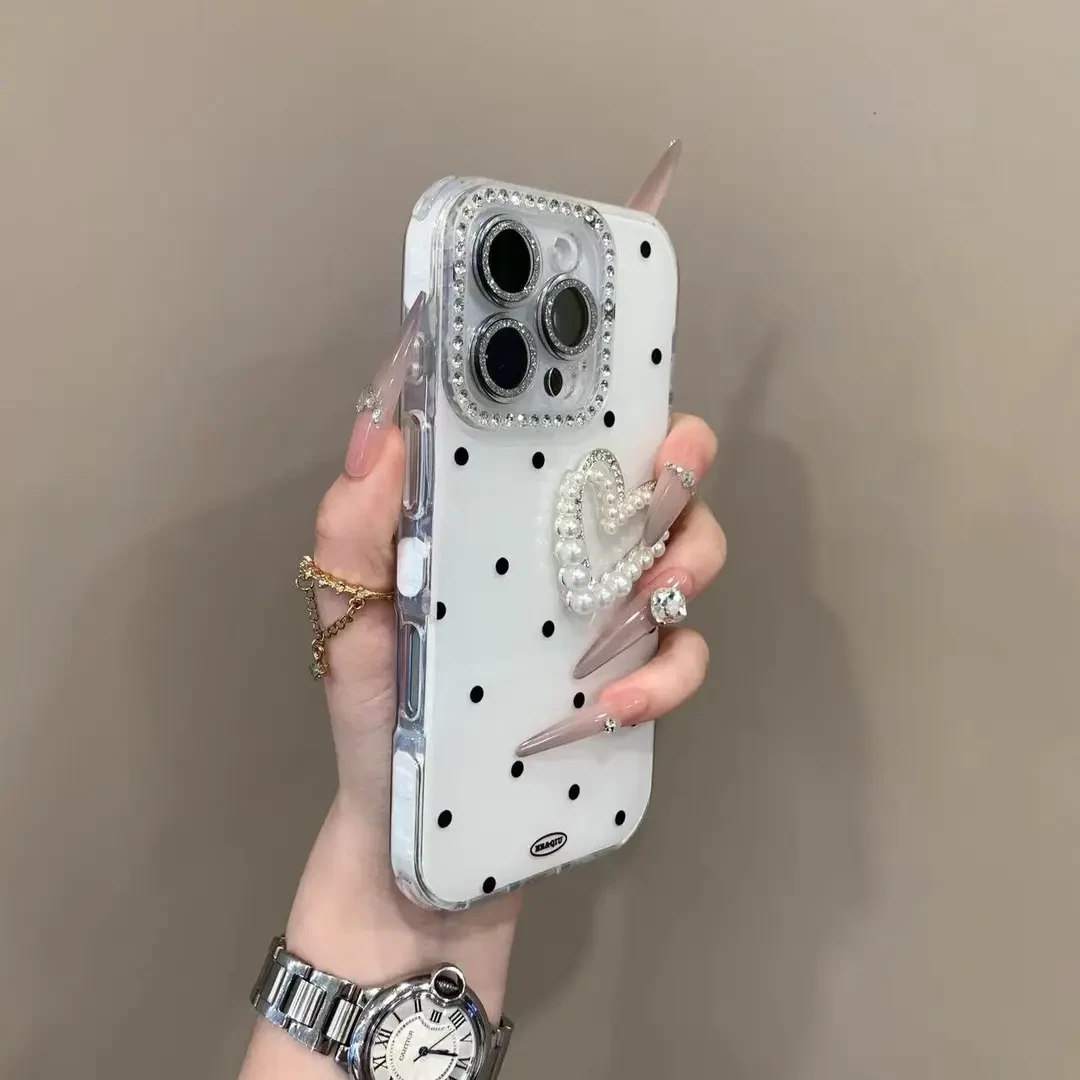 高颜值波点立体珍珠爱心适用iPhone16promax手机壳15pro全包14仙