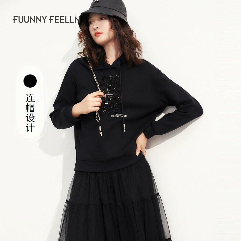 商场同款FF||仿佛秋季新款连帽卫衣女黑色外套时尚印花FM00823