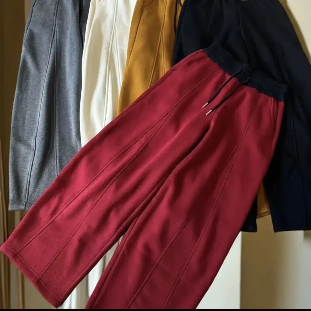 JING冬季新款拼色加绒加厚高腰弯刀阔腿休闲香蕉裤