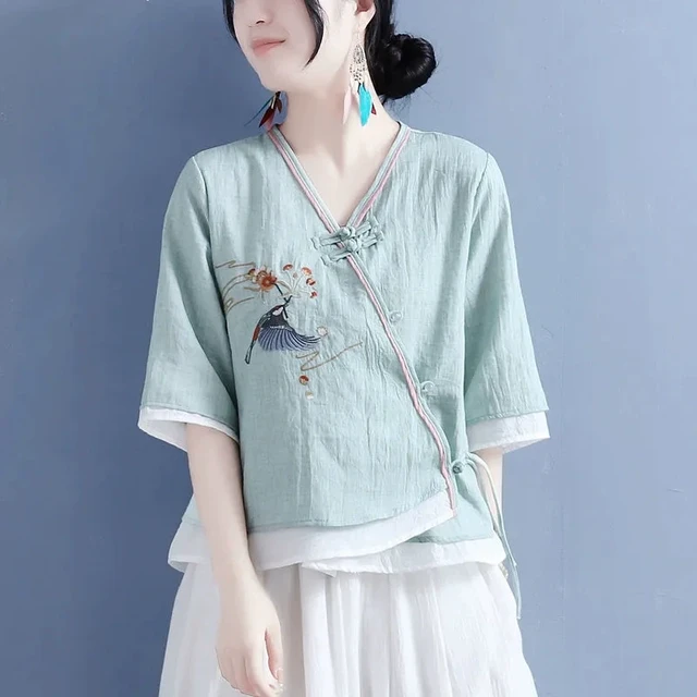 2025夏棉麻飞鸟衔花刺绣V领斜珠扣中袖上衣女中国风复古茶服小衫
