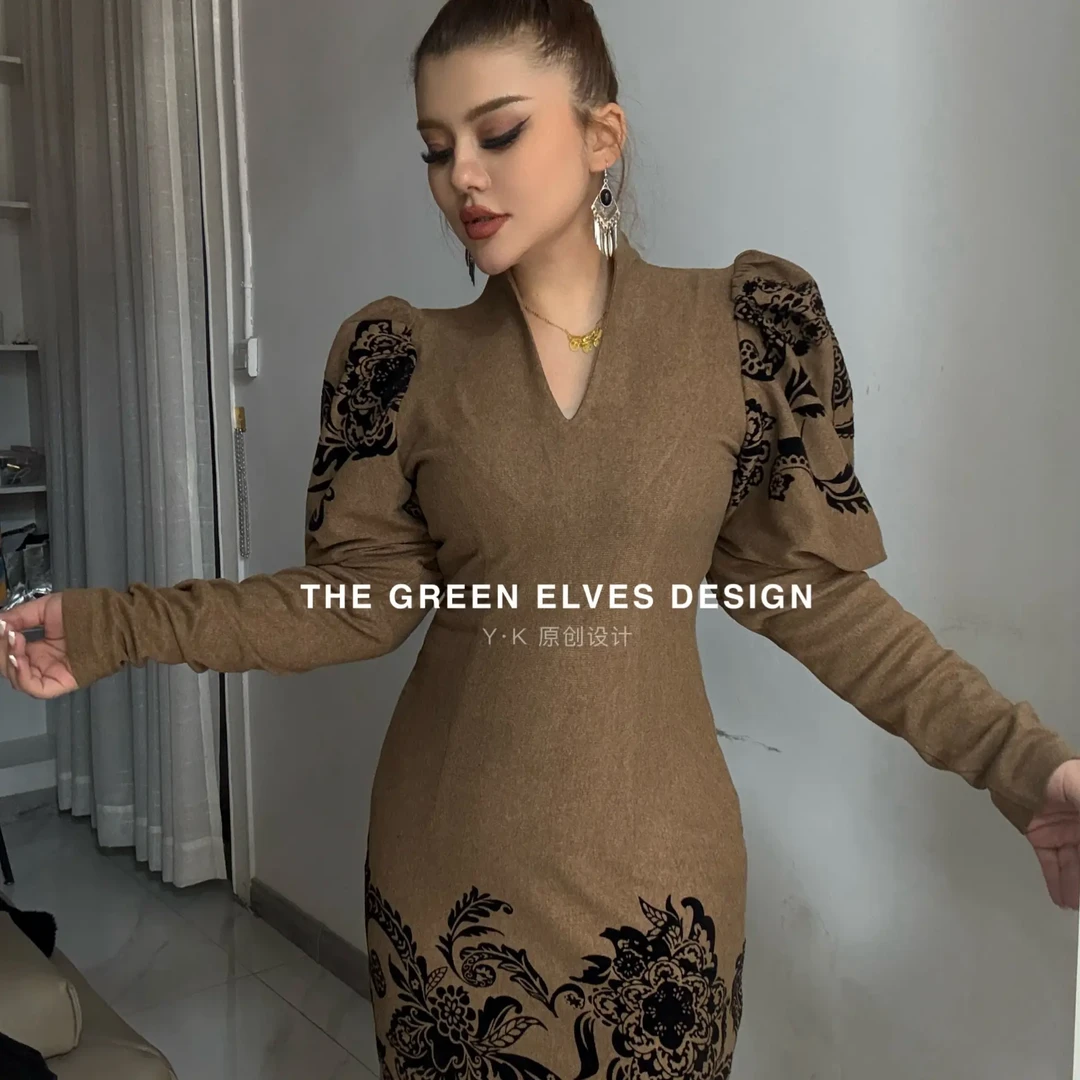 高端私人定制秋冬混棉印花连衣裙