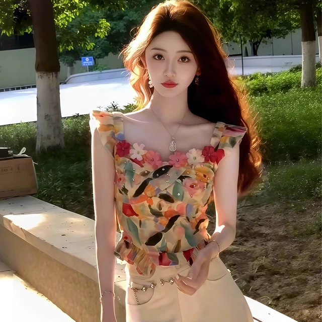 法式浪漫油画重工花朵小飞袖背心女夏季设计感别致辣妹修身短上衣
