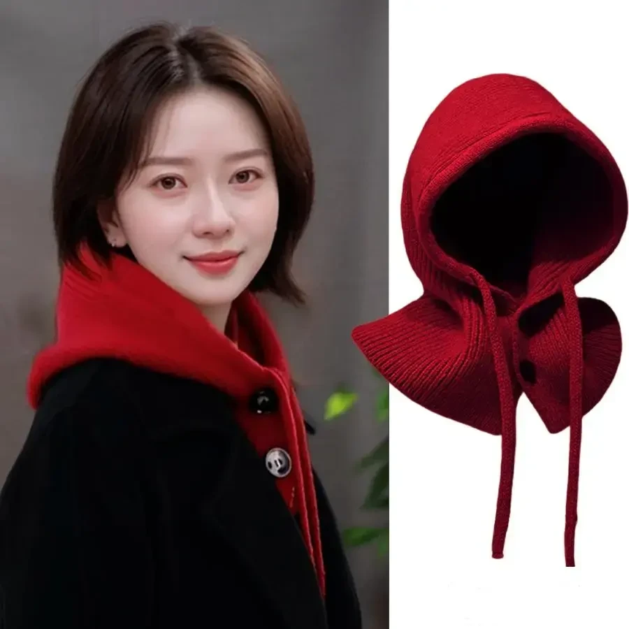 【文创好物】2025秋冬围巾一体帽红色针织拉法帽护颈保暖毛线围脖Dj