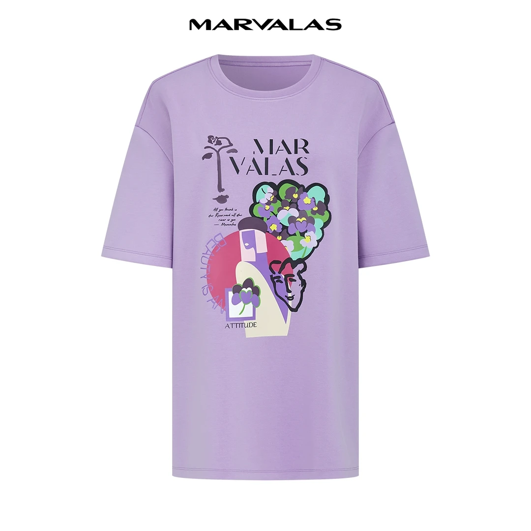 曼德诗廓形T恤春装新款圆领休闲印花短袖上衣女M313108618