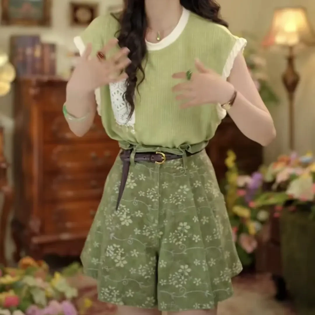 【青苹果】复古绿夏季无袖圆领t恤宽松休闲显瘦上衣搭A字半身裙裤