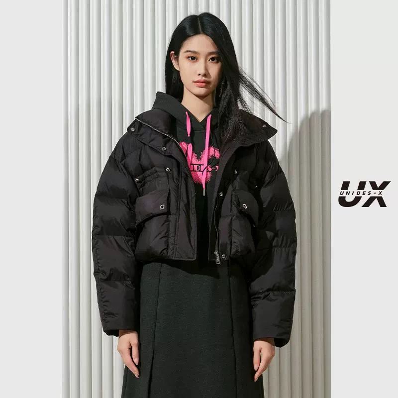UX 2024冬季新款 黑色贴口袋面包羽绒服女 时尚短款通勤百搭外套