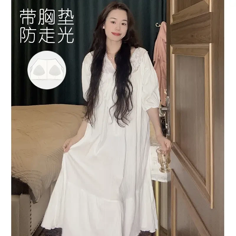 (美若天仙)带胸垫法式宫廷风睡衣女夏季公主睡裙宽松纯欲风可外穿