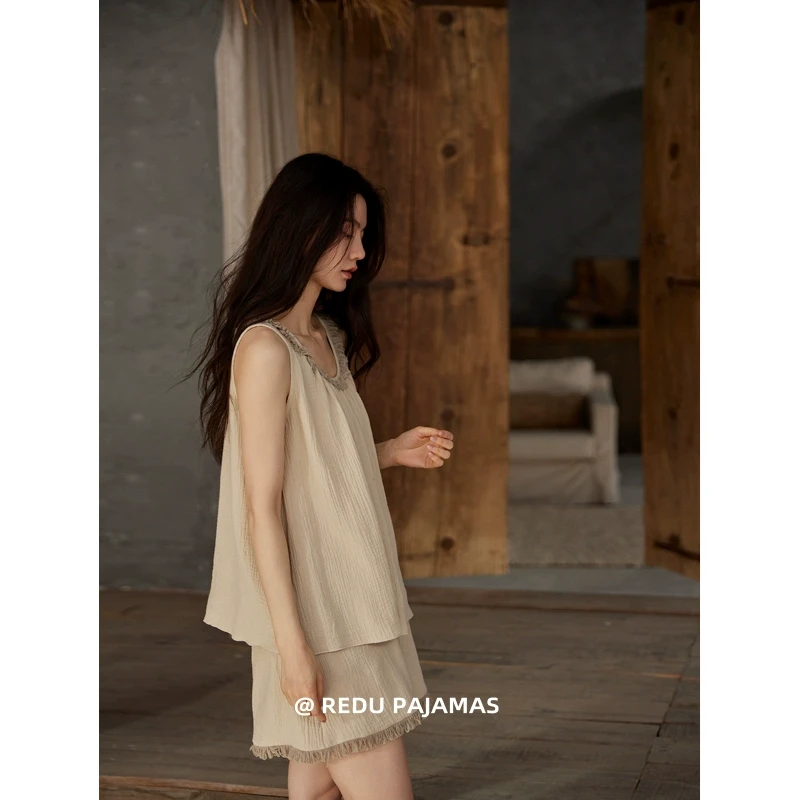 【透气】热妒睡衣女夏无袖背心短裤流苏纯棉纱布带胸垫家居服套装