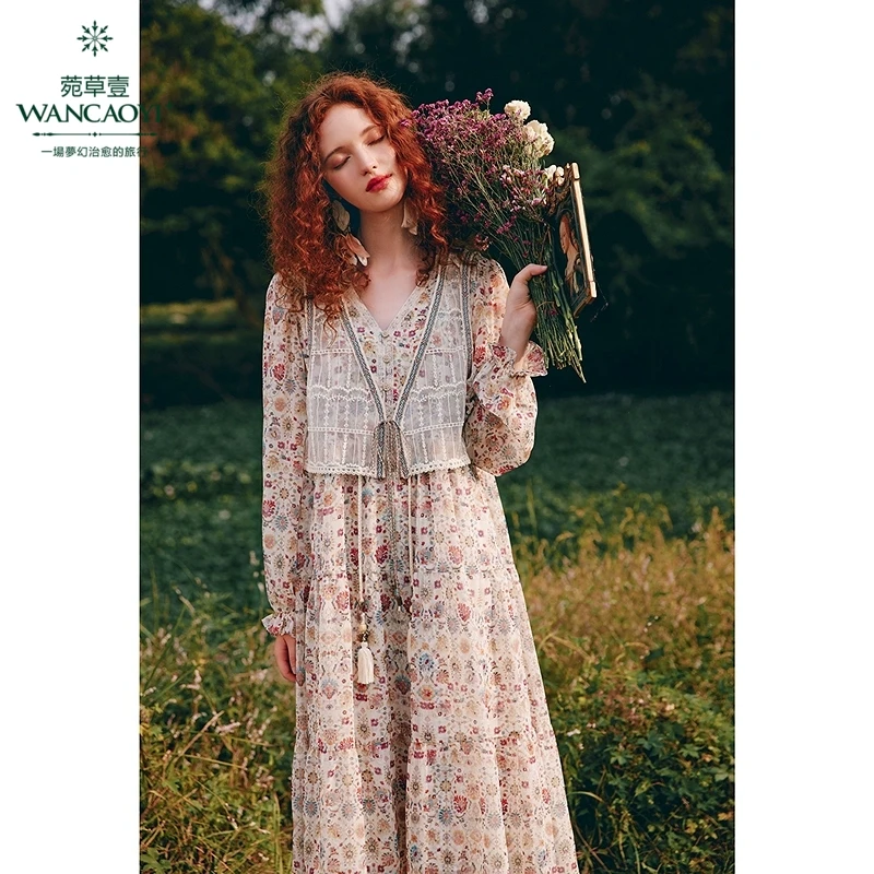 菀壹2025春季新碎花连衣裙女田园风马甲两件套中长裙子Q21521411