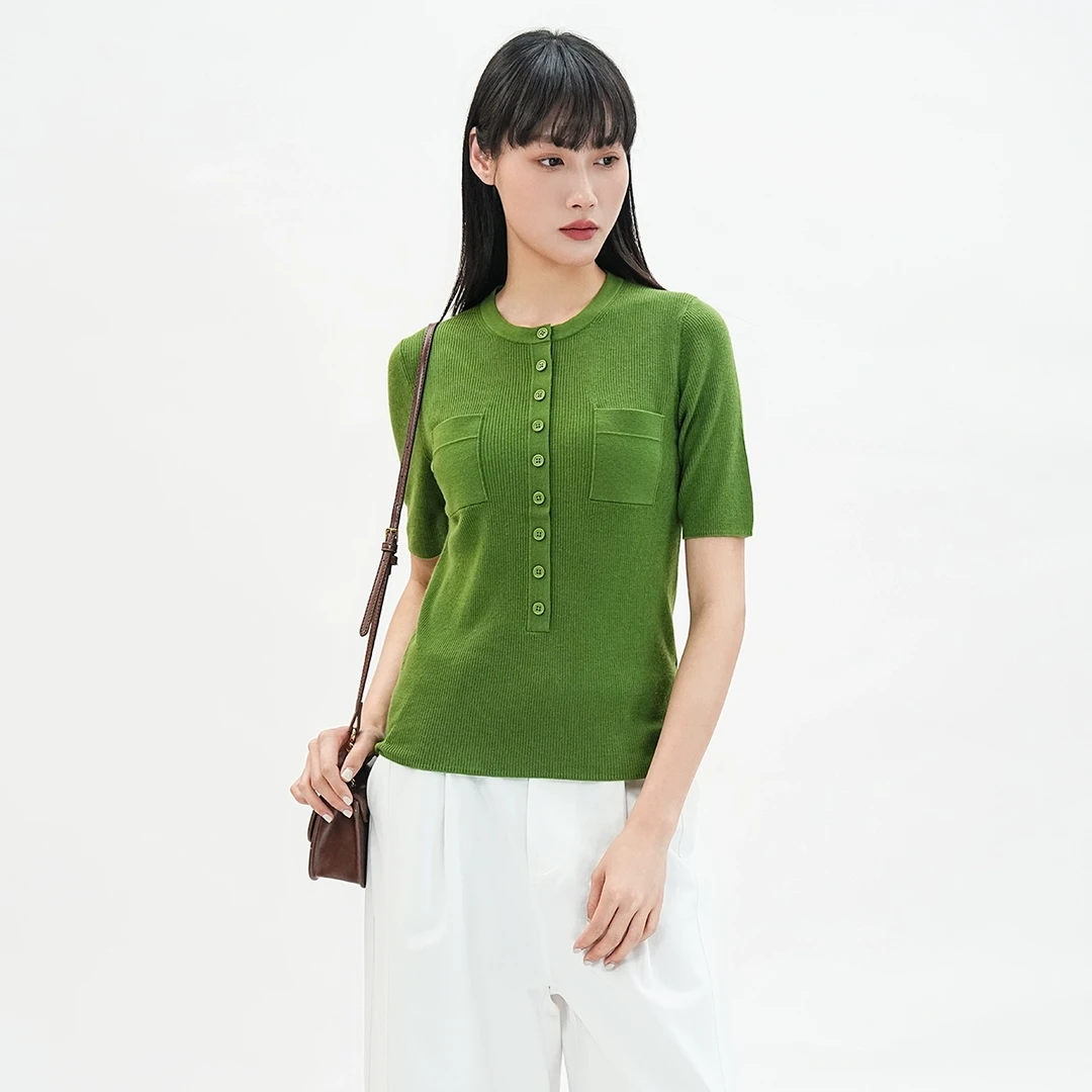 歌蒂诗2025春季新款简约舒适100%羊毛多色修身毛织短袖 3F11Z0731