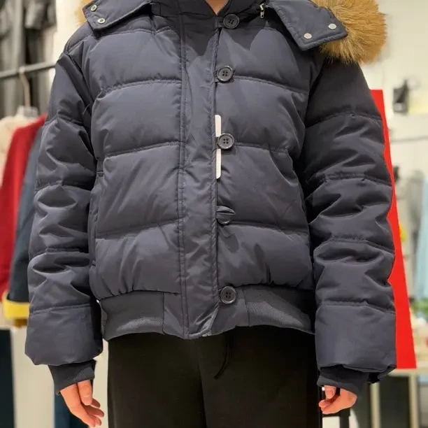 女士冬季新款加厚短款藏青连帽毛领棉服外套