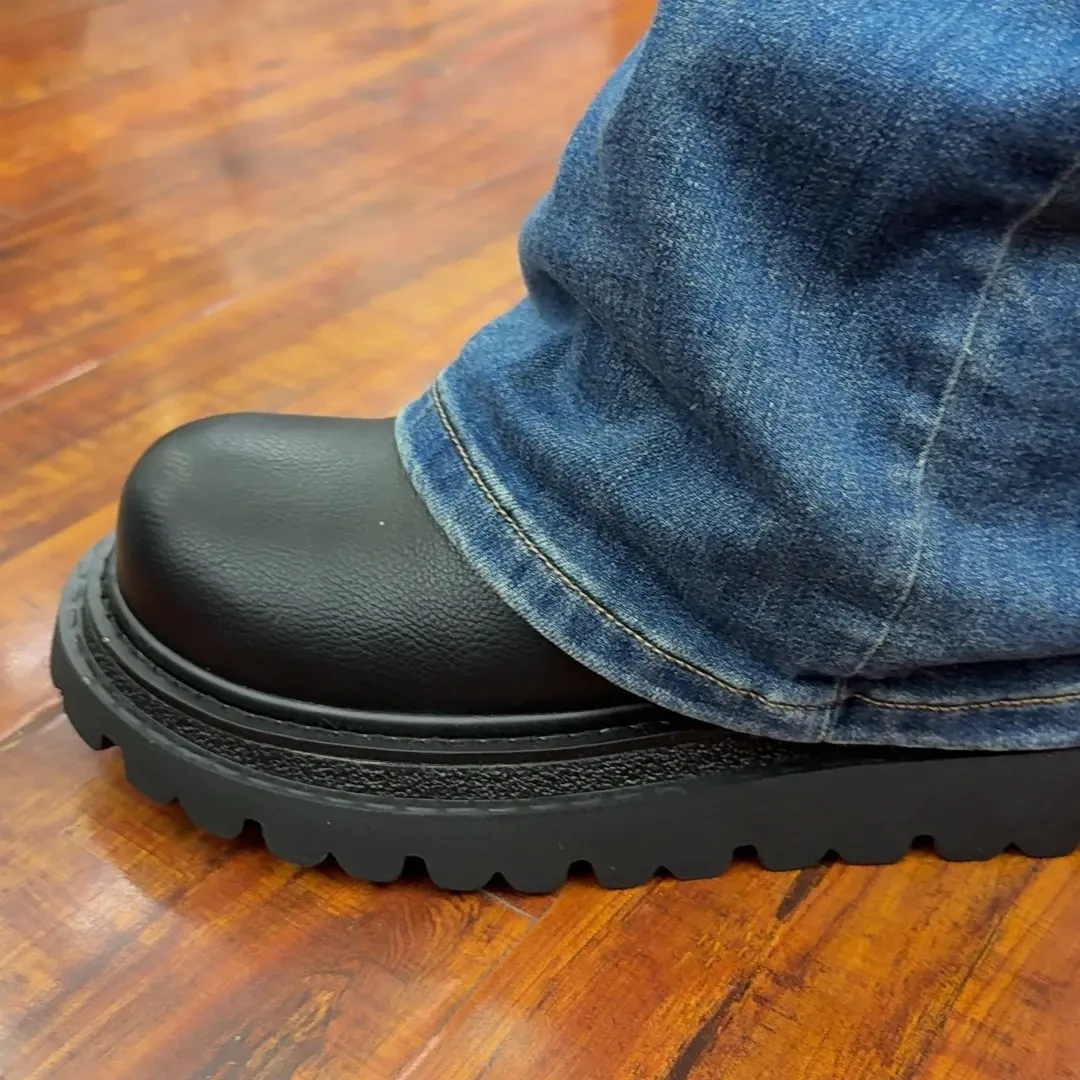 素面休闲风系带增高圆头休闲皮鞋烟筒靴休闲冬季男女通用款时尚