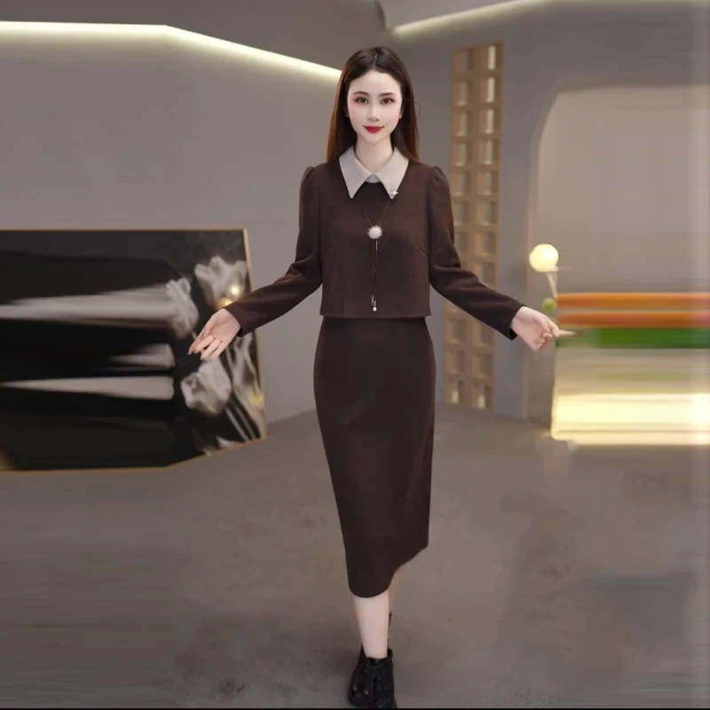 气质名媛时尚套装洋气假两件设计POLO领长袖上衣高腰显瘦半身裙子