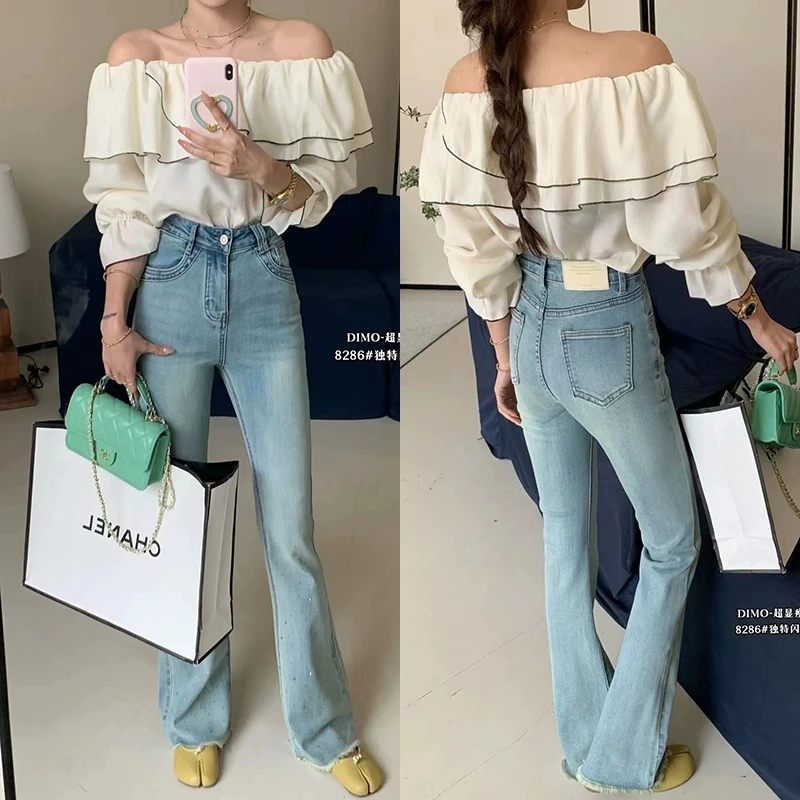 DIMO2024春夏新款时髦烫钻浅色微喇牛仔裤女修身显瘦毛边喇叭裤子