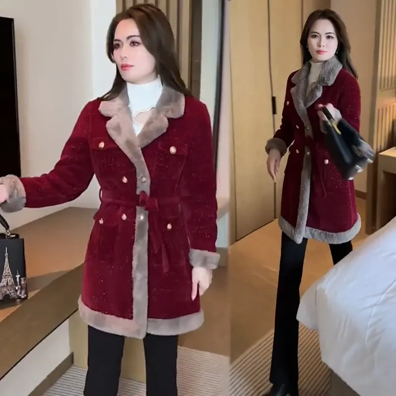 拉夏贝尔加绒加厚外套女2025秋冬新款洋气收腰系带中长款保暖大衣