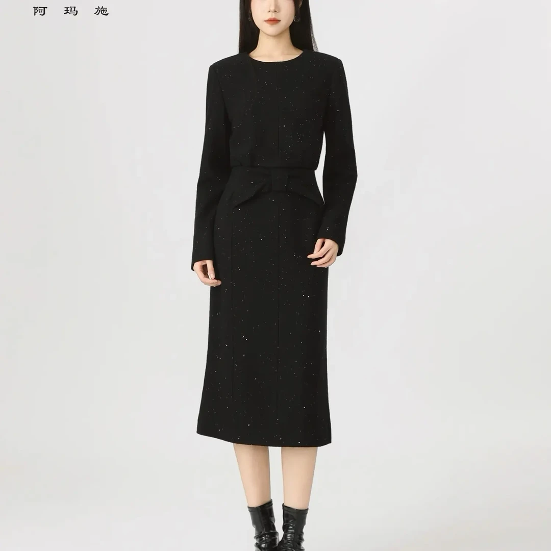 秋季新款轻奢高级毛呢亮片蝴蝶结收腰显瘦长袖连衣裙550037