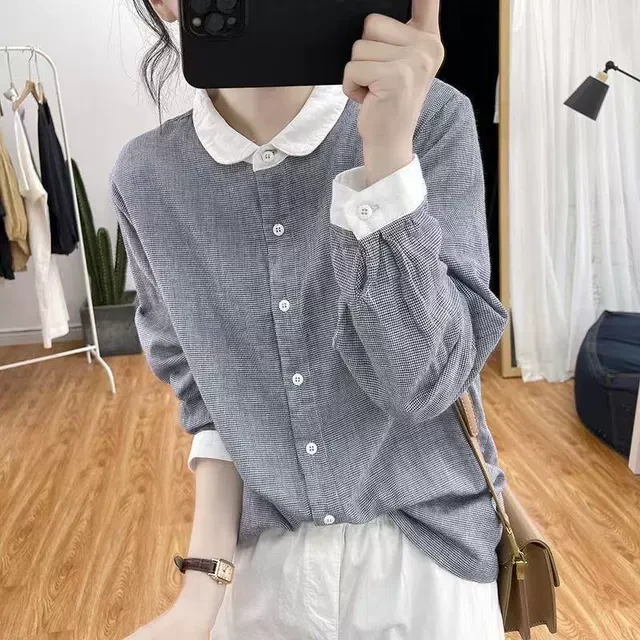 小格子长袖衬衫女2025春装新款宽松拼色减龄上衣复古显瘦衬衣潮