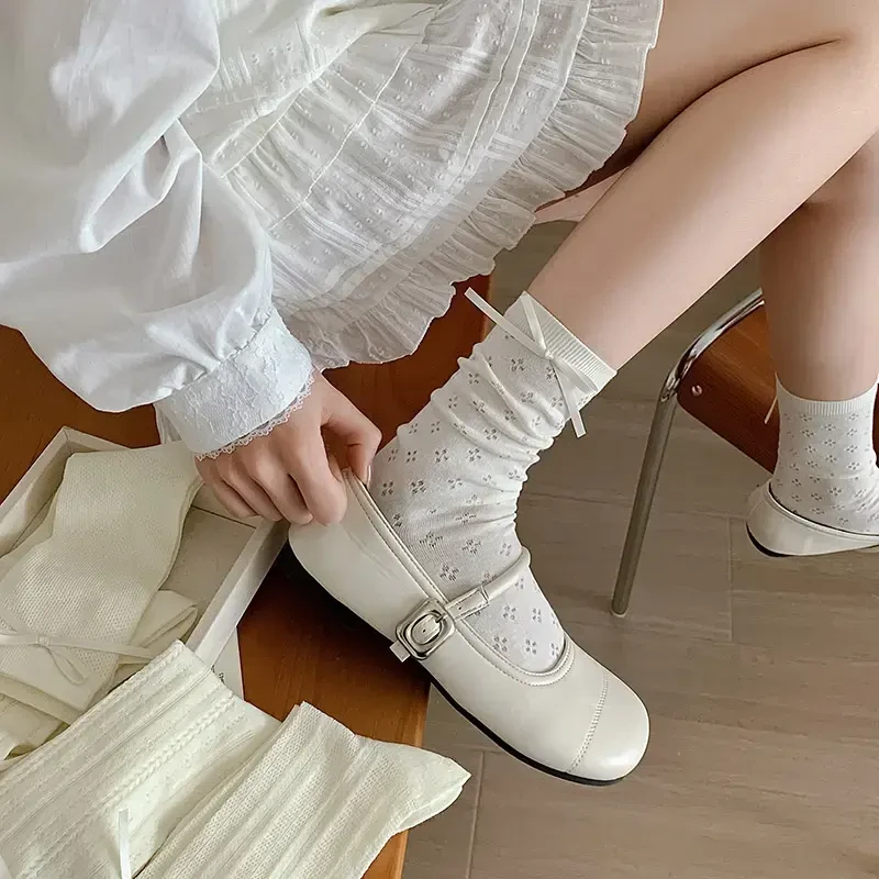 白色蝴蝶结袜子蕾丝玛丽珍袜女夏季薄款芭蕾风女款袜子中筒女袜G