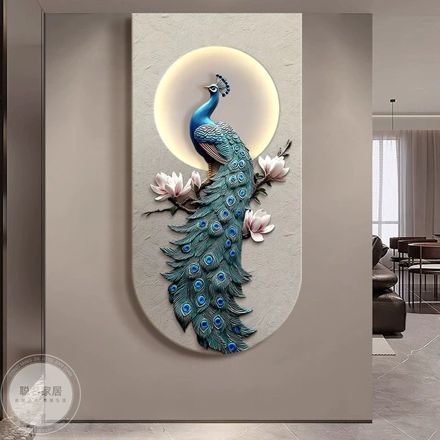 孔雀玄关装饰画简约高级感走廊过道挂画立体砂岩入户正对门壁画灯