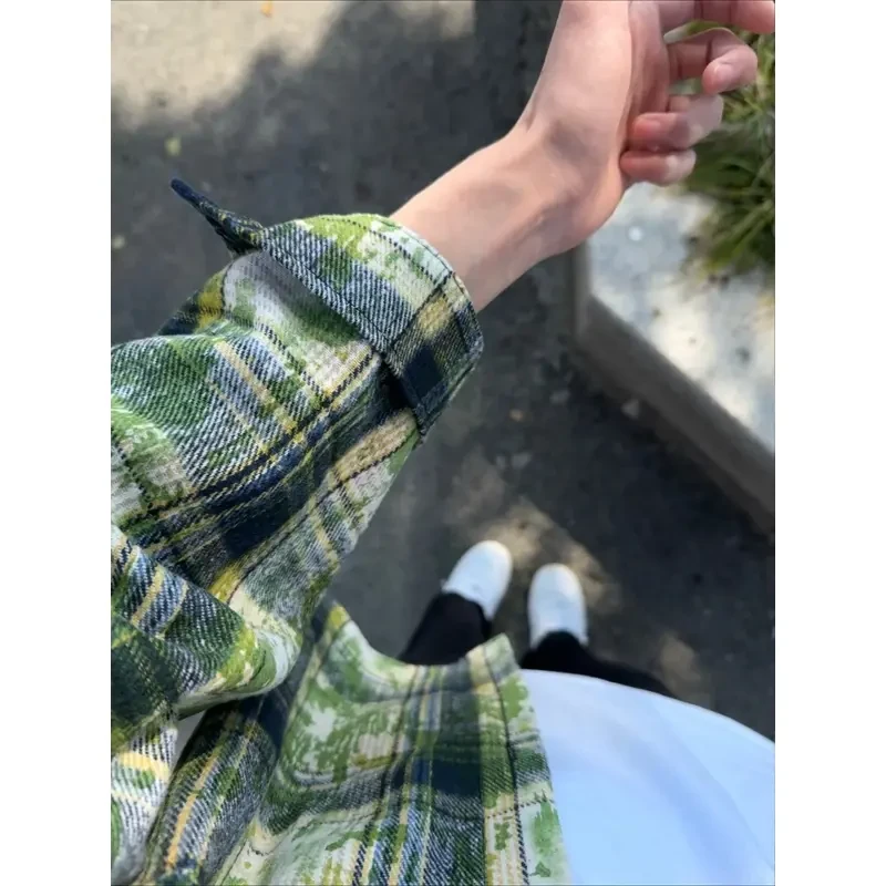 牛油果绿扎染格子衬衫男女春秋美式复古长袖衬衣cleanfit情侣外套