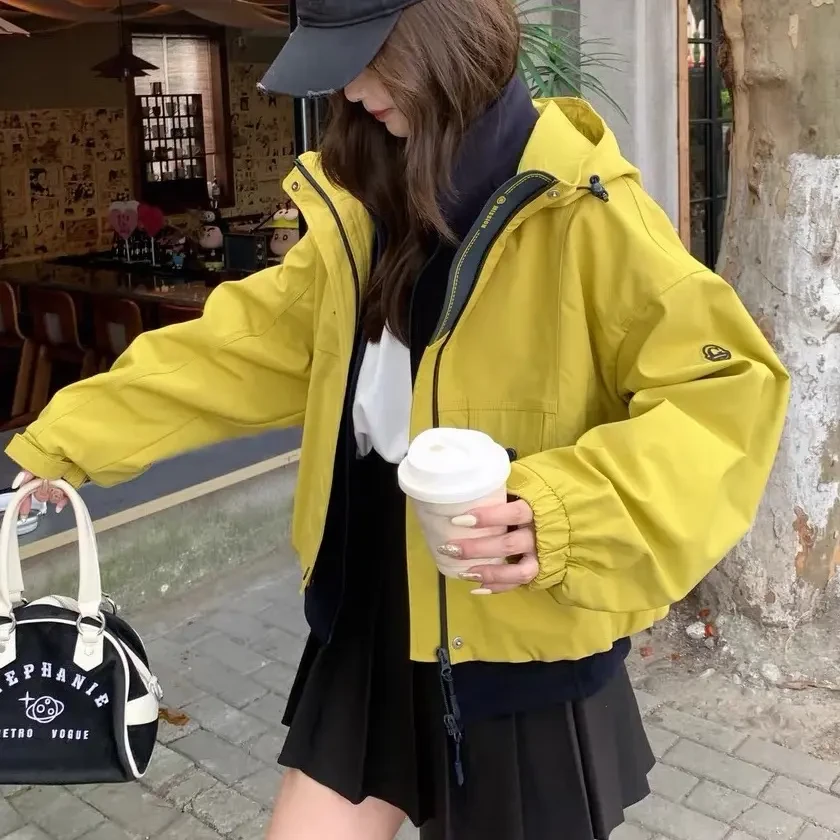 2025短外套短款冬季秋冬橙色女士连帽夹克外套休闲韩版风衣学生