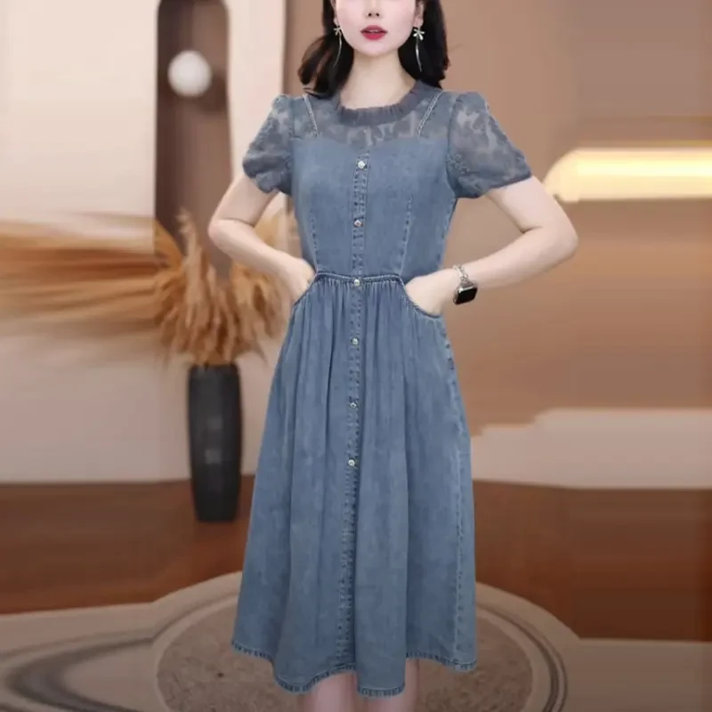水洗牛仔裙2025夏季新款时尚轻奢收腰显瘦短袖气质中长款连衣裙子
