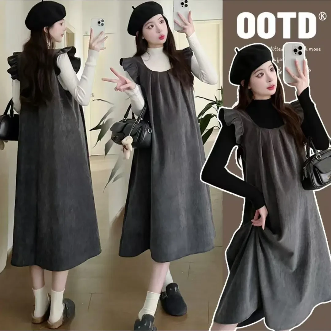 孕妇装秋季减龄背带裙+上衣高级感孕妇连衣裙时尚搭配两件套