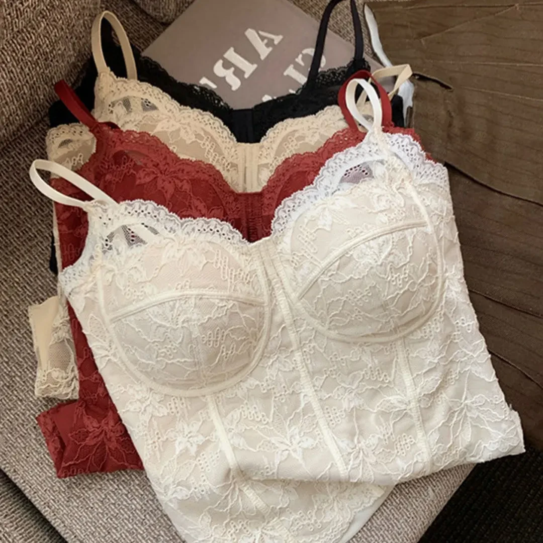 磨毛法式鱼骨胸衣蕾丝吊带背心女内搭美背文胸打底带胸垫外穿上衣