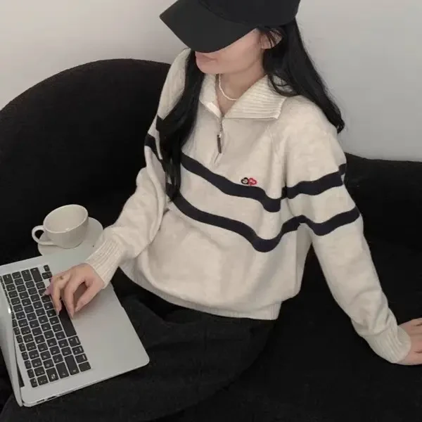 撞色条纹高领半拉链毛衣针织开衫外套女秋冬新款宽松显瘦减龄上衣