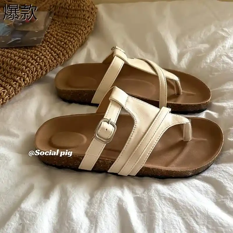 genfecor 法式勃肯鞋女夏外穿小众仙女复古平底海边沙滩夹脚凉拖
