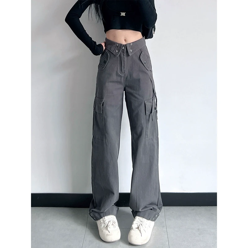 灰色工装裤女春夏季2025美式复古高腰显瘦直筒宽松加长版高个子
