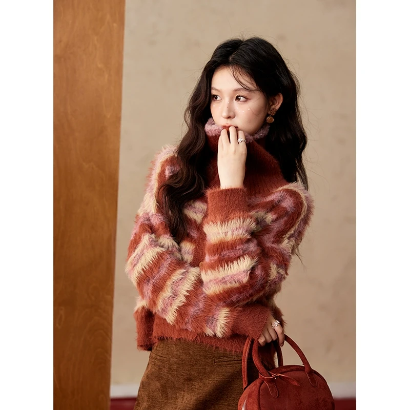 【芋总专属】谜秀红色新年条纹毛衣外套加厚复古针织衫MXD59Z1005