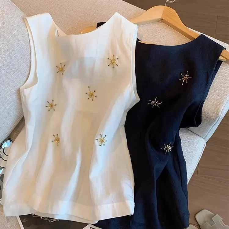 老钱风串珠刺绣无袖上衣女2025夏季款设计感简约气质百搭显瘦背心