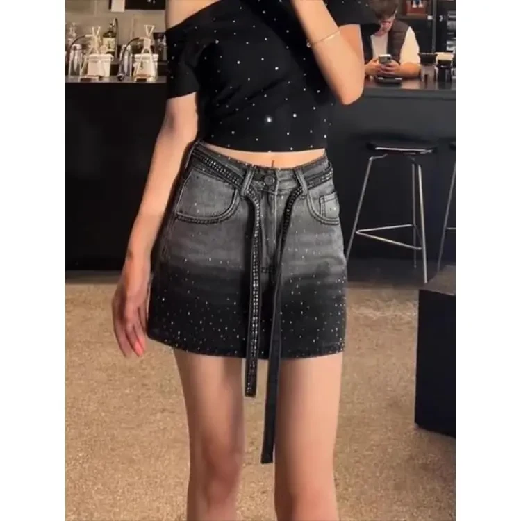 大码复古渐变烫钻牛仔半身裙女夏季胖mm高腰显瘦包臀a字短裙子