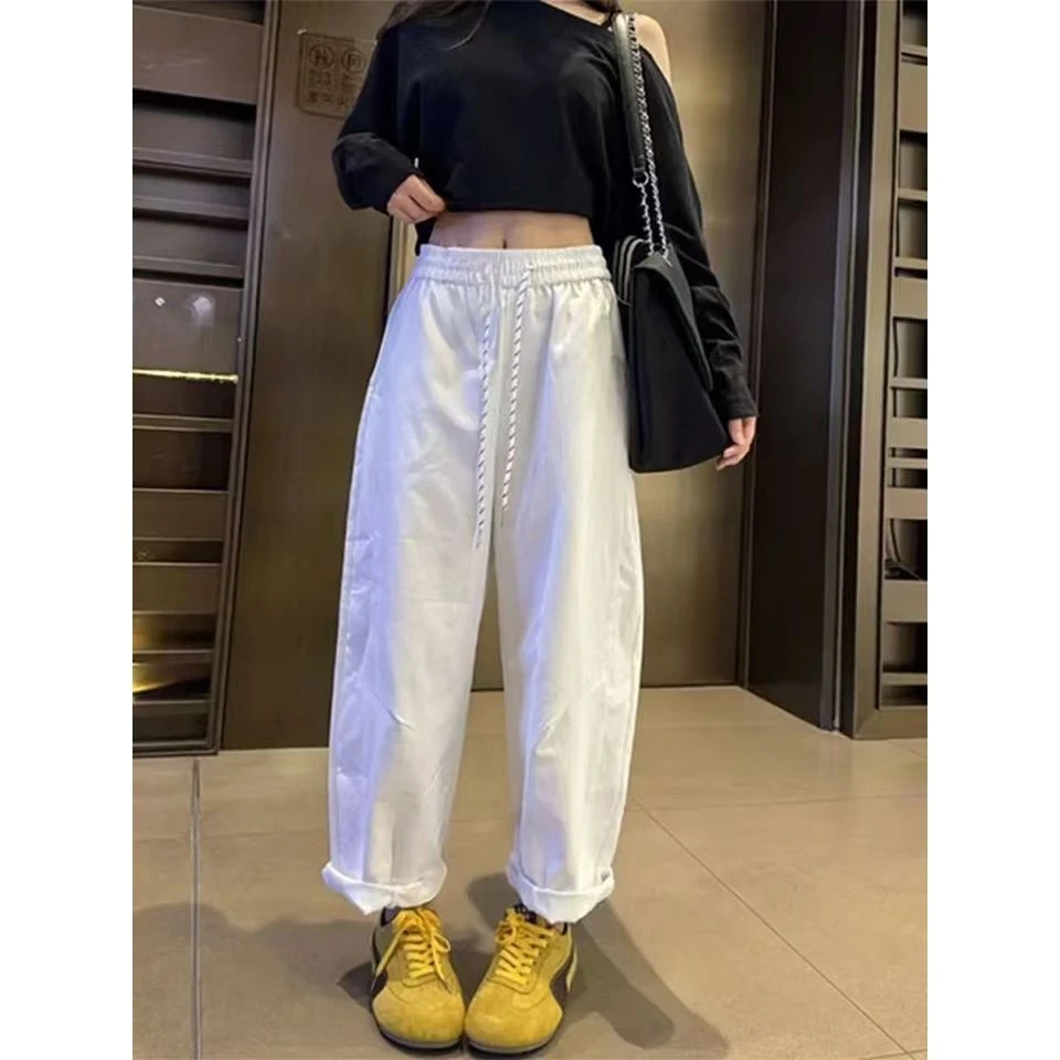 高端欧货春夏新款绑带松紧高腰宽松休闲阔腿裤裤子女直筒九分裤