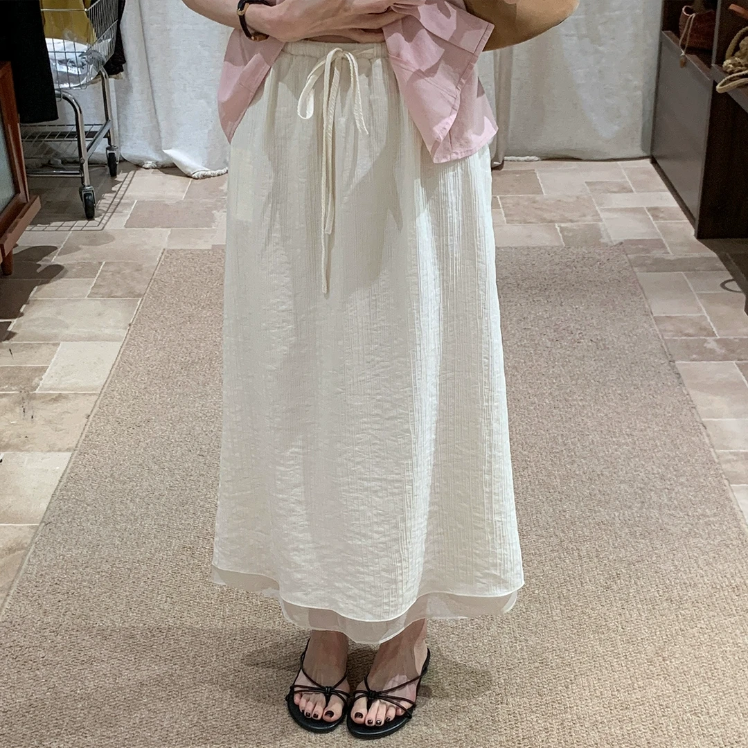 【拼接网纱抽绳半身裙】女2025夏新款精致设计感中长裙