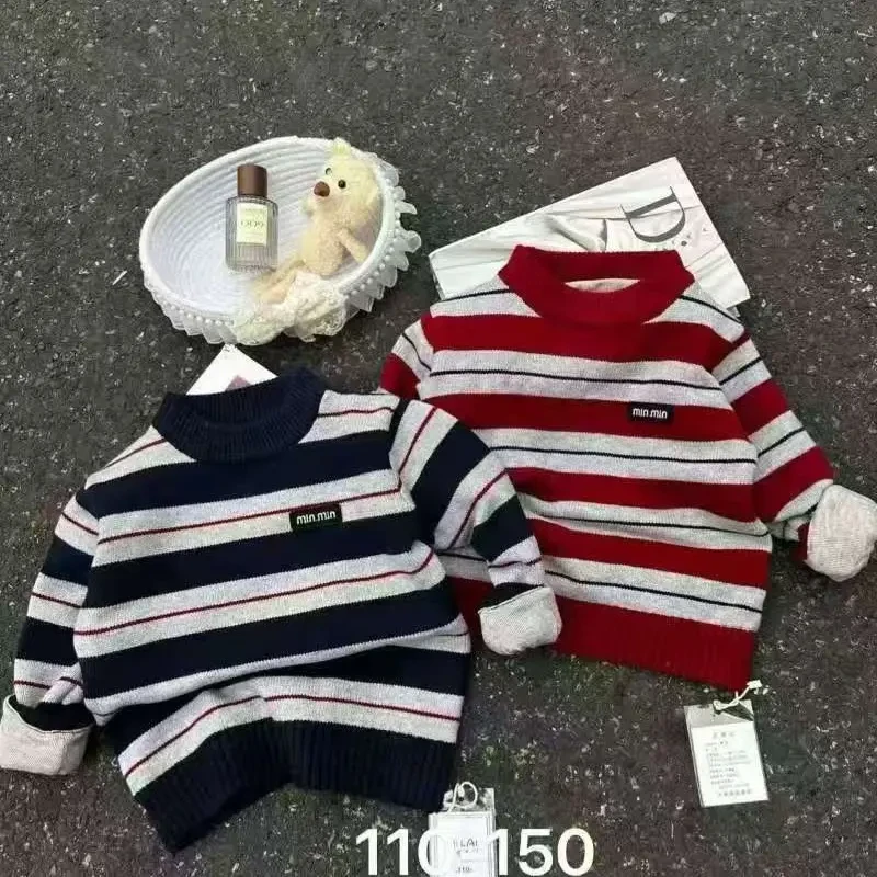 男童秋冬款条纹毛衣中小童加绒加厚保暖洋气韩版圆领套头针织衫