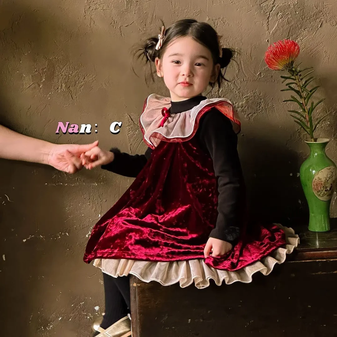 囡曦中小童新年红色加绒丝绒连衣裙女童无袖礼服裙
