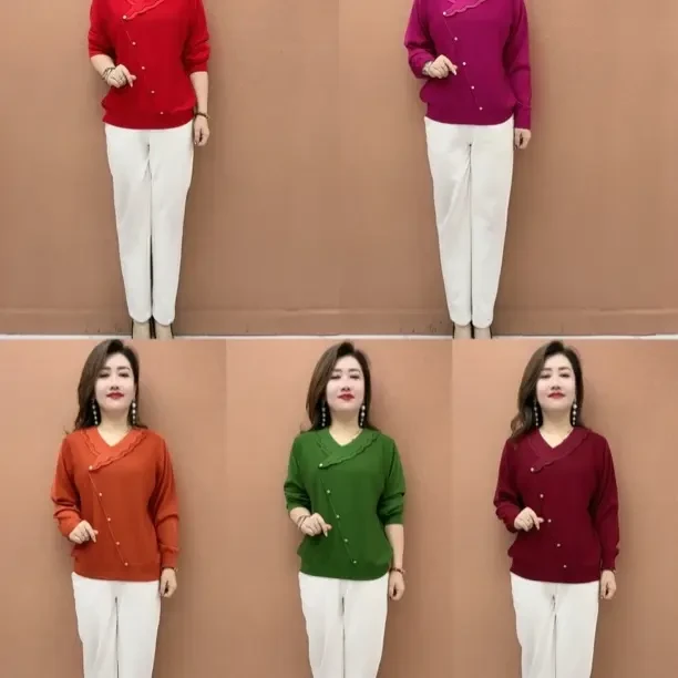 ZXH新款减龄宽松针织春秋百搭花边领斜扣长袖针织衫上衣