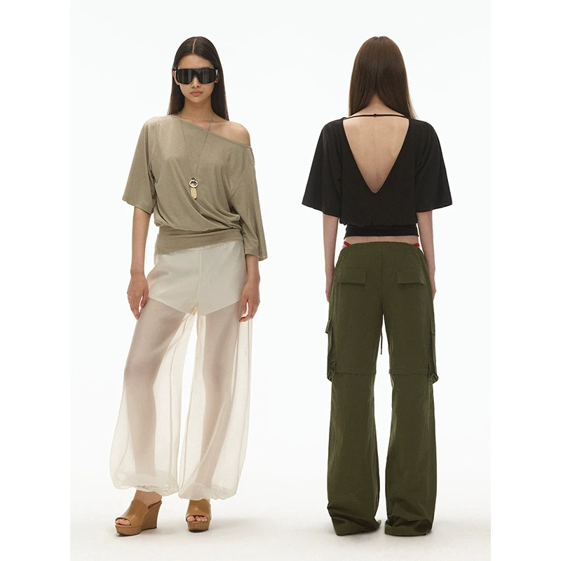 saumple study symp 宽罗纹下摆一字带露背短袖T恤