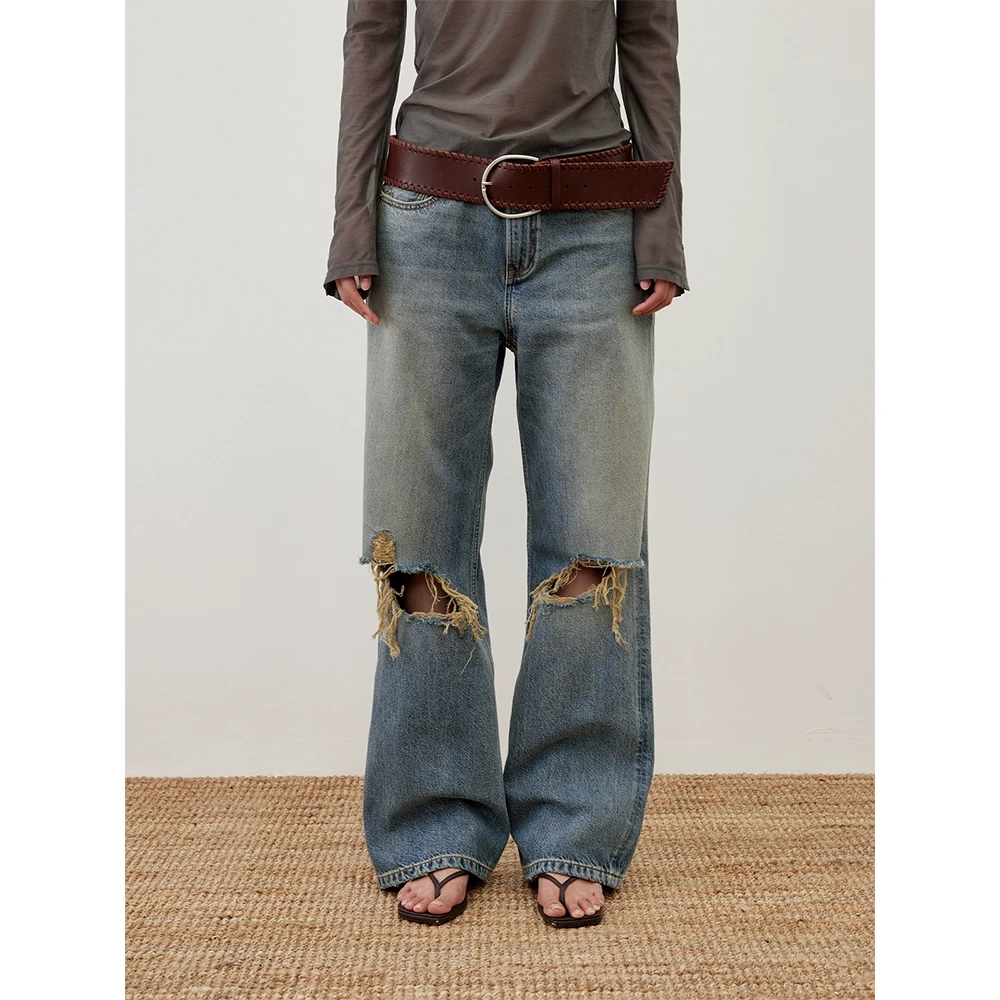 RandomPiece25夏新 土耳其进口长绒棉复古微喇破洞牛仔裤修饰腿型