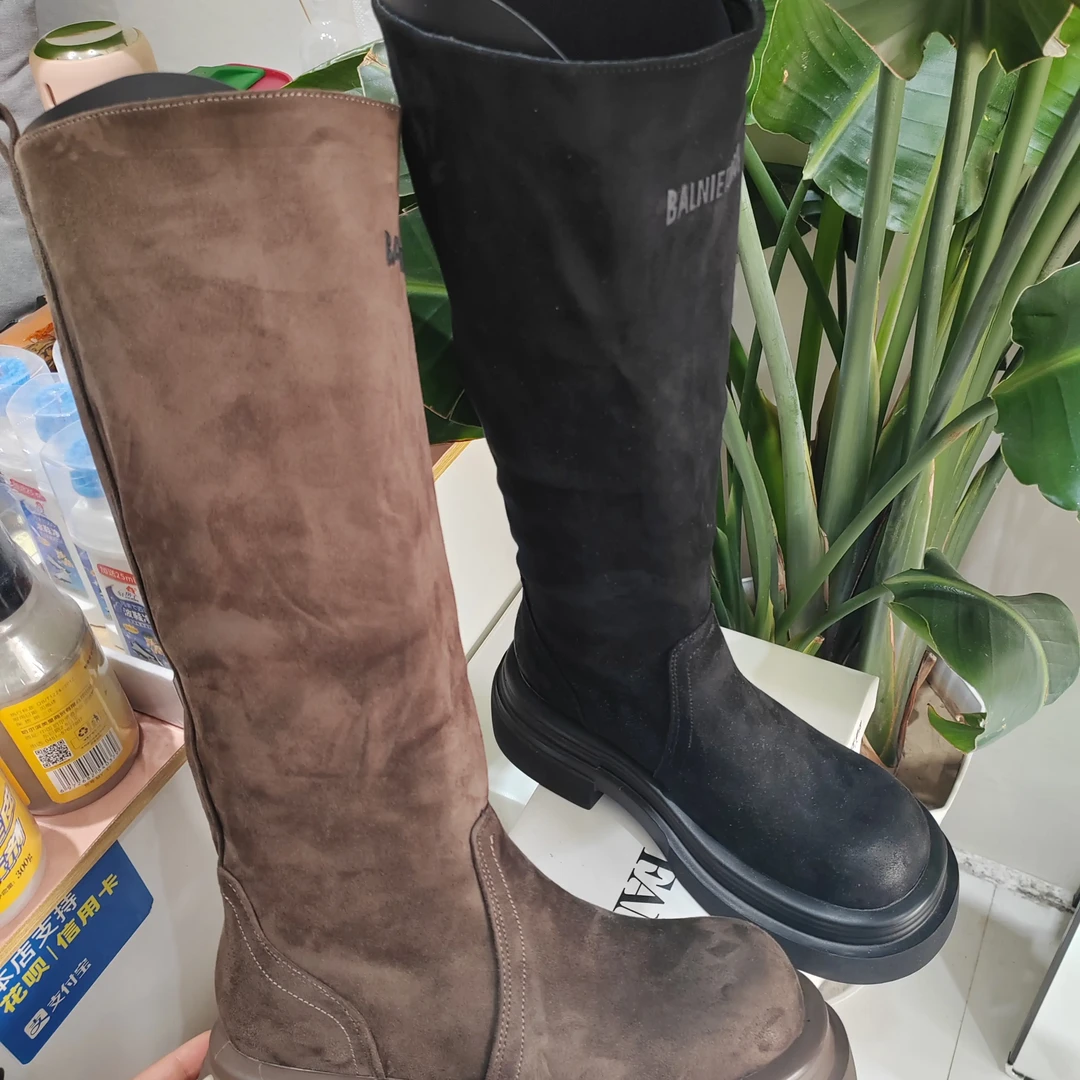 秋冬新款绒面厚底骑士靴女不过膝高筒粗跟显瘦百搭法式时尚长靴