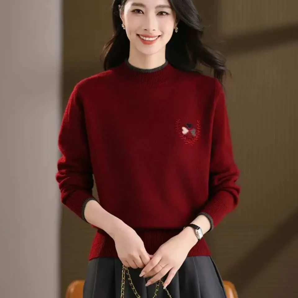 9880秋冬新款中老年妈妈装纯圆领加厚羊毛衫毛衣宽松针织打底上衣