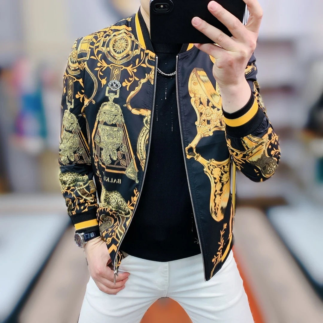 秋季潮流印花几何棒球领夹克轻奢韩版时尚透气痞帅男士外套上衣