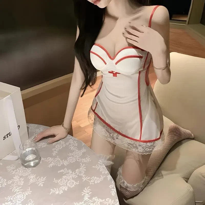 性感深V加胸垫蕾丝甜系护士装角色扮演职业制服套装包臀纯欲风
